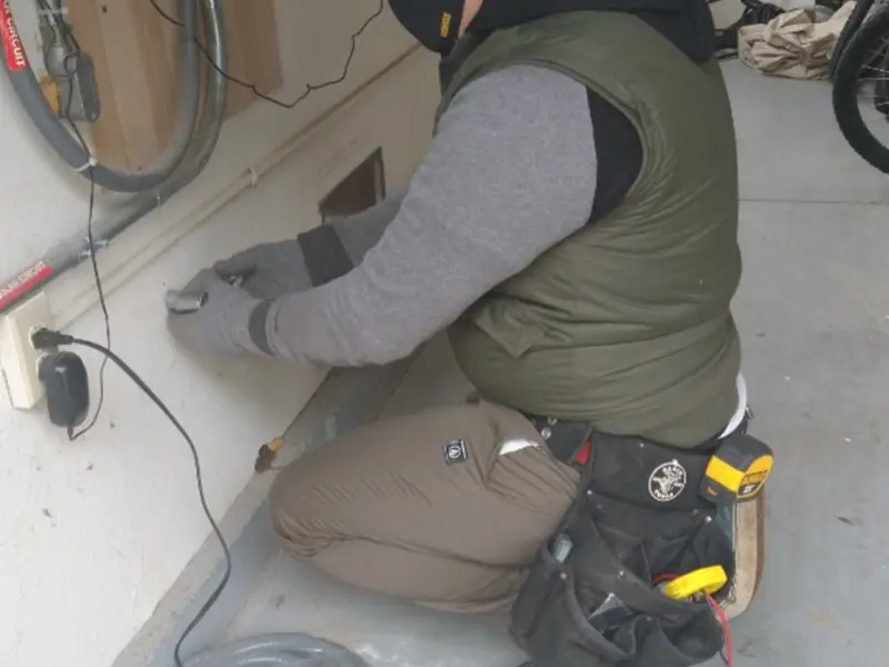 Electrician performing outlet wiring in a Neptune garage
